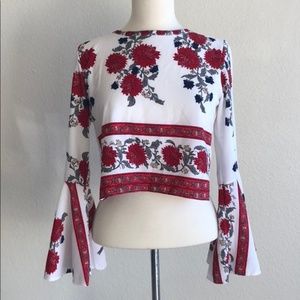 Red Chrysanthemum Bell Sleeve Open Back Crop Top
